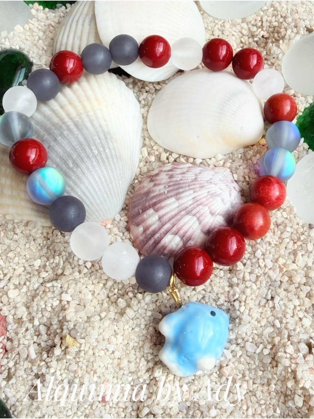 Red jade Gray, White & Blue Beaded Bracelet with Blue Fish Charm
